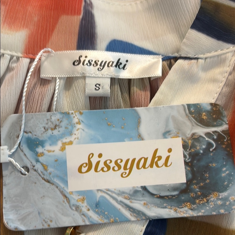 Sissyaki Orange and Blue Buttoned Blouse with Notched Collar - Picture 10 of 11